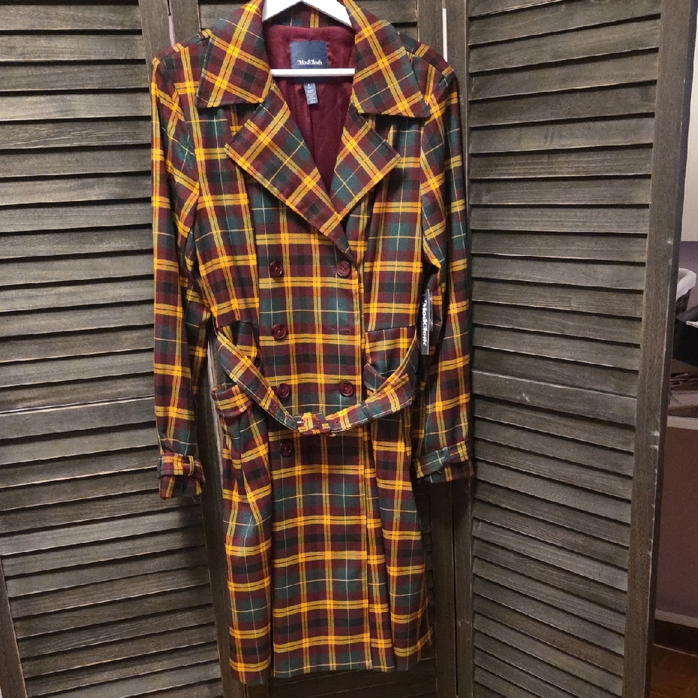 ModCloth Plaid Double-Breasted Trench Coat in Maroon, Mustard, Green**Women's